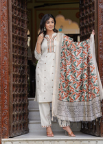 Cotton  Flex Embroidered  Kurti Pant & Khadi Silk Chanderi Printed Dupatta (2 Colors)