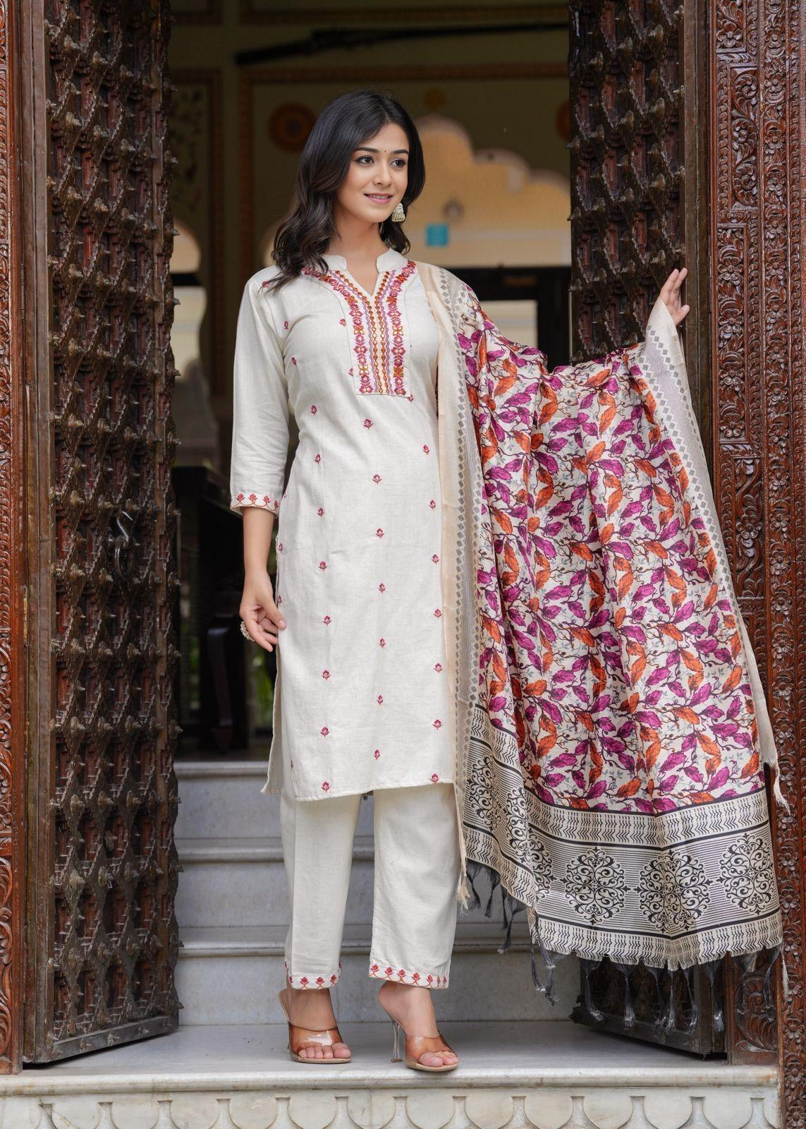 Cotton  Flex Embroidered  Kurti Pant & Khadi Silk Chanderi Printed Dupatta (2 Colors)