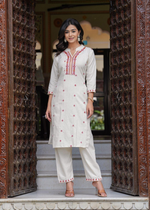 Cotton  Flex Embroidered  Kurti Pant & Khadi Silk Chanderi Printed Dupatta (2 Colors)