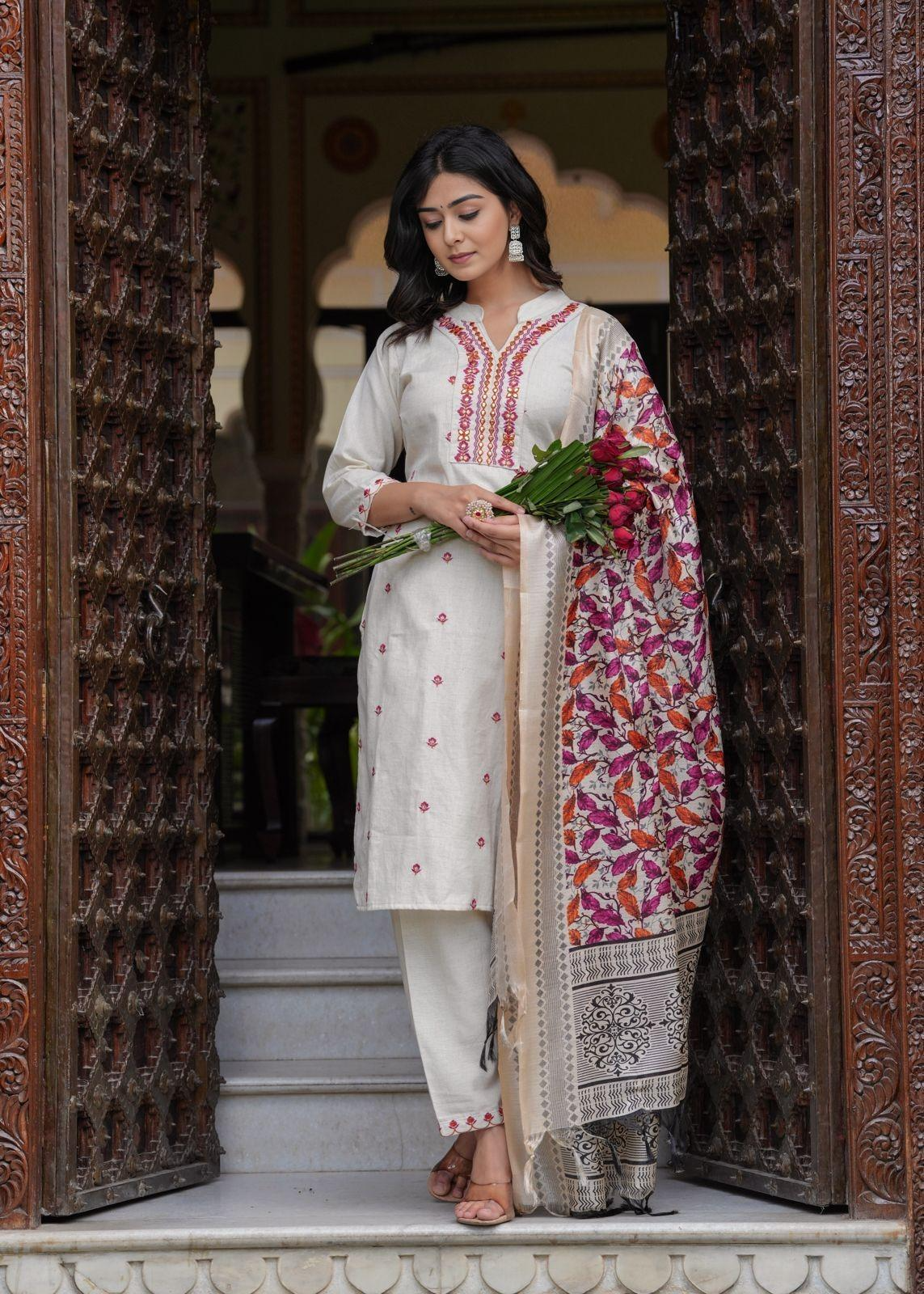 Cotton  Flex Embroidered  Kurti Pant & Khadi Silk Chanderi Printed Dupatta (2 Colors)