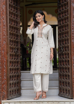 Cotton  Flex Embroidered  Kurti Pant & Khadi Silk Chanderi Printed Dupatta (2 Colors)