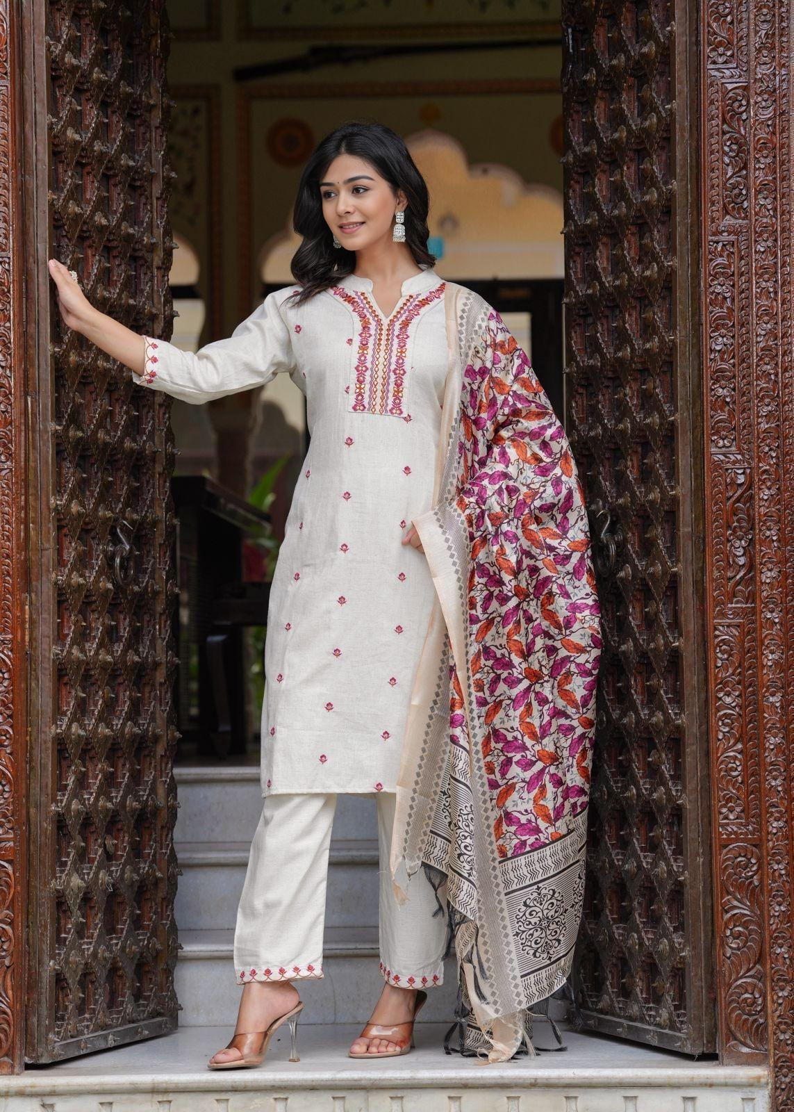 Cotton  Flex Embroidered  Kurti Pant & Khadi Silk Chanderi Printed Dupatta (2 Colors)