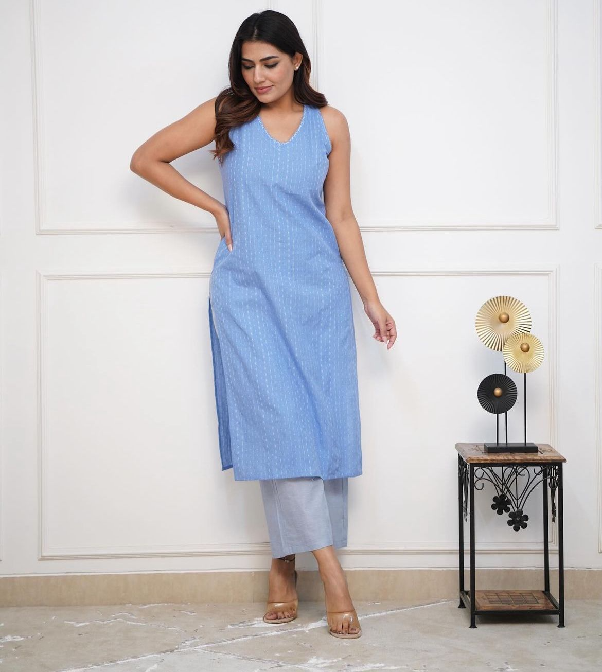 Soft Cotton Hand loom Katha Work Kurti With Palazzo (3 colors)