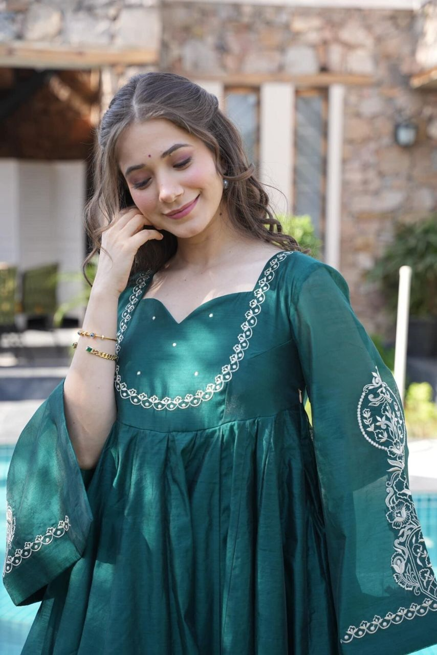 Teal Chinon Silk Embroidered Anarkali Suit