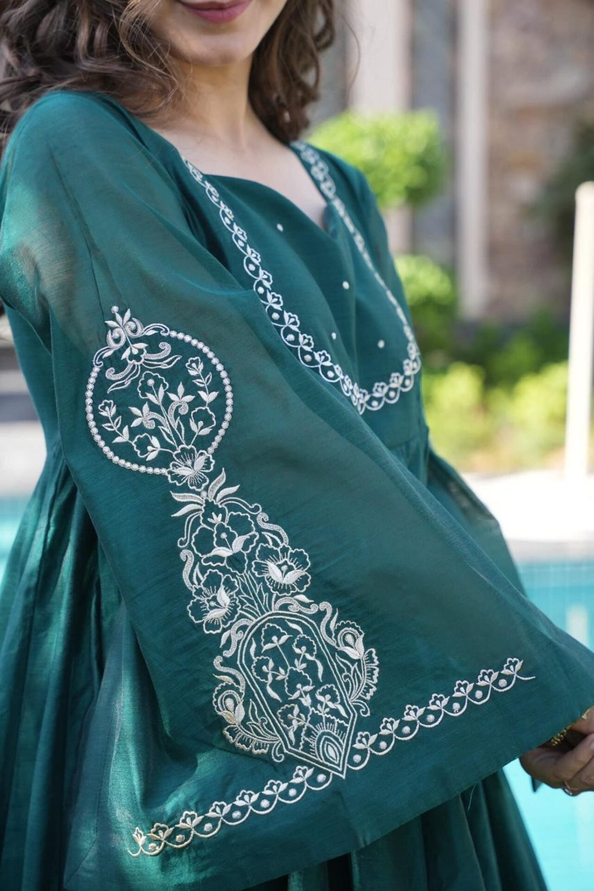 Teal Chinon Silk Embroidered Anarkali Suit