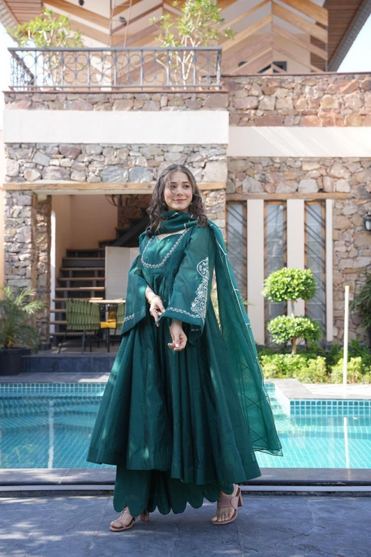 Teal Chinon Silk Embroidered Anarkali Suit