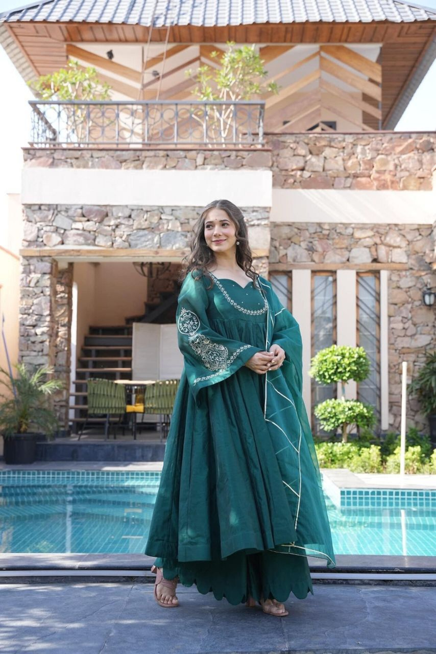 Teal Chinon Silk Embroidered Anarkali Suit