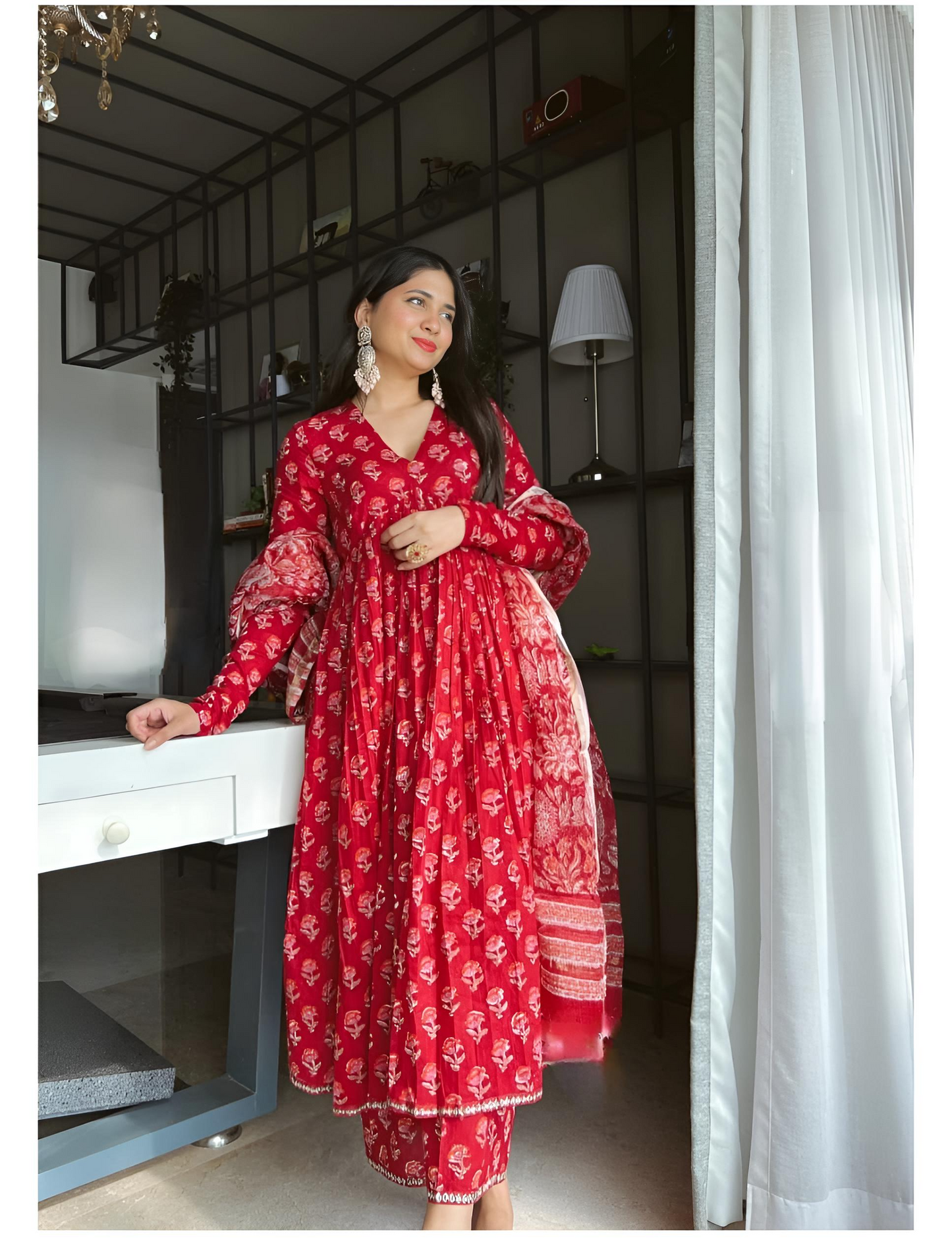 Red Cotton Hand Block Printed Flared Kurta Pant & Dupatta