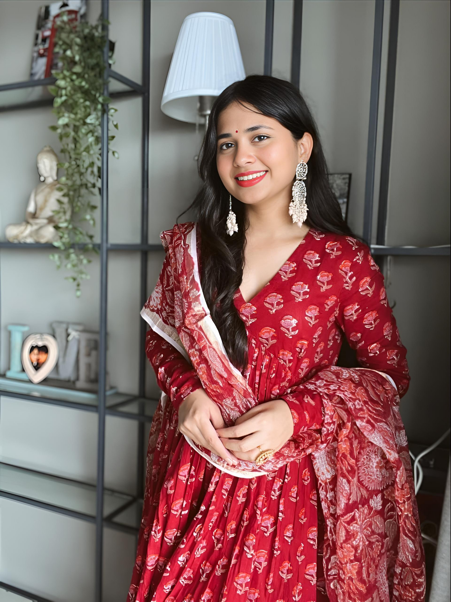 Red Cotton Hand Block Printed Flared Kurta Pant & Dupatta