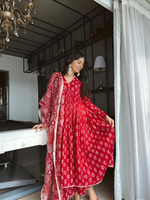 Red Cotton Hand Block Printed Flared Kurta Pant & Dupatta