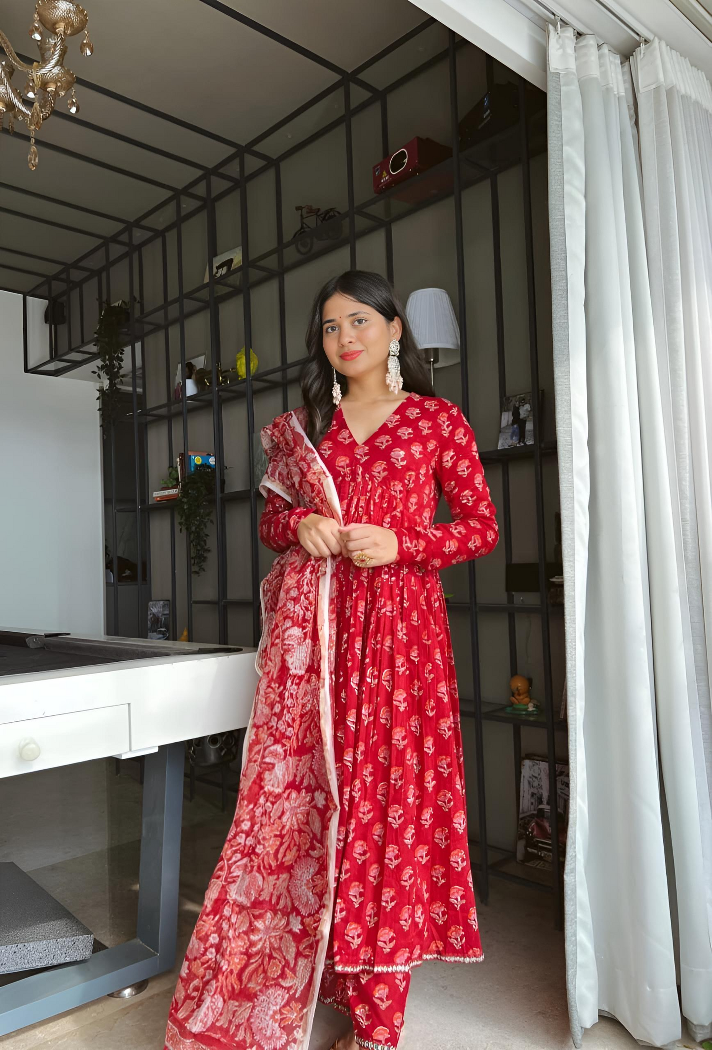 Red Cotton Hand Block Printed Flared Kurta Pant & Dupatta