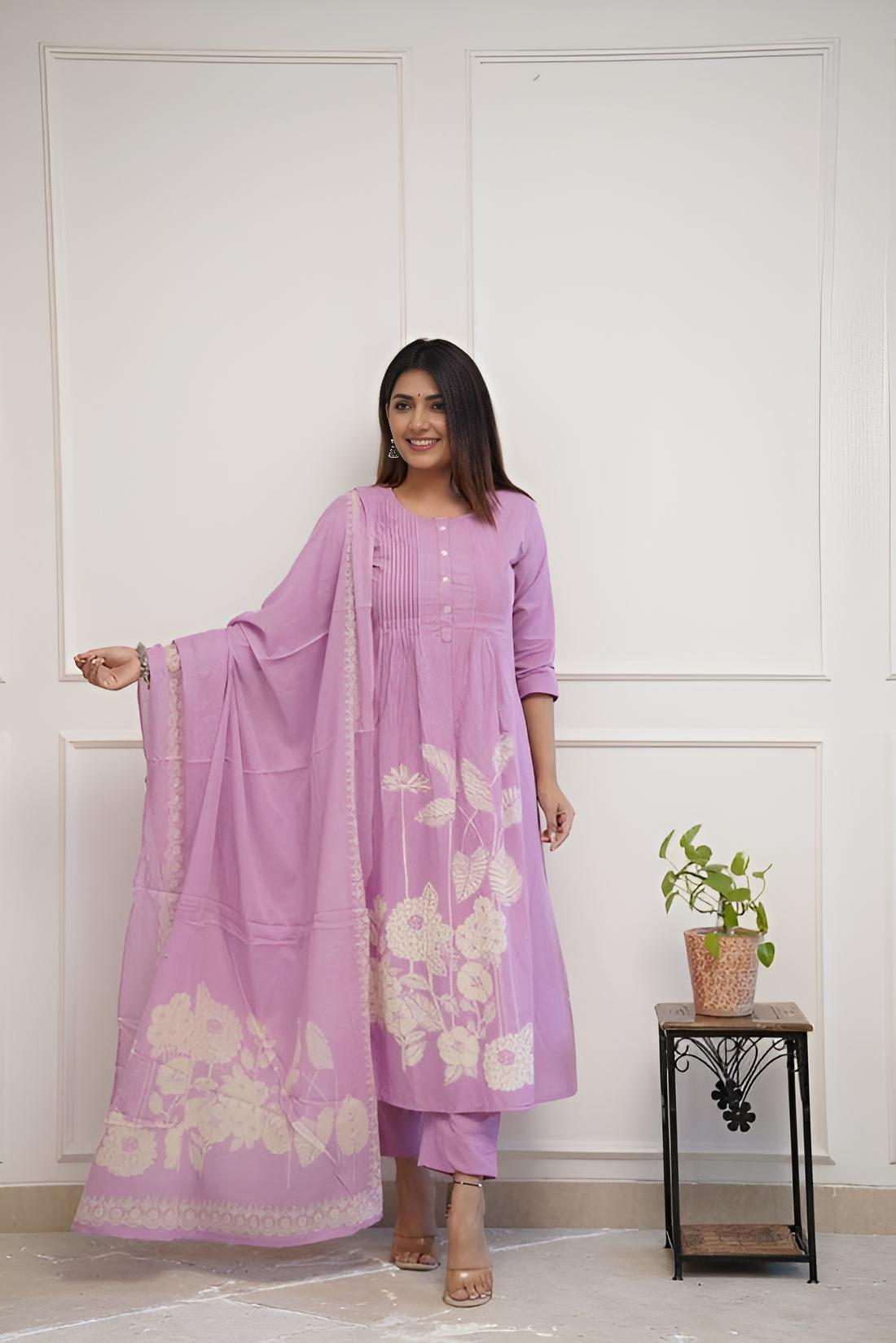 Purple Cotton Printex Weaving & Printed Kurta Pant With Dupatta