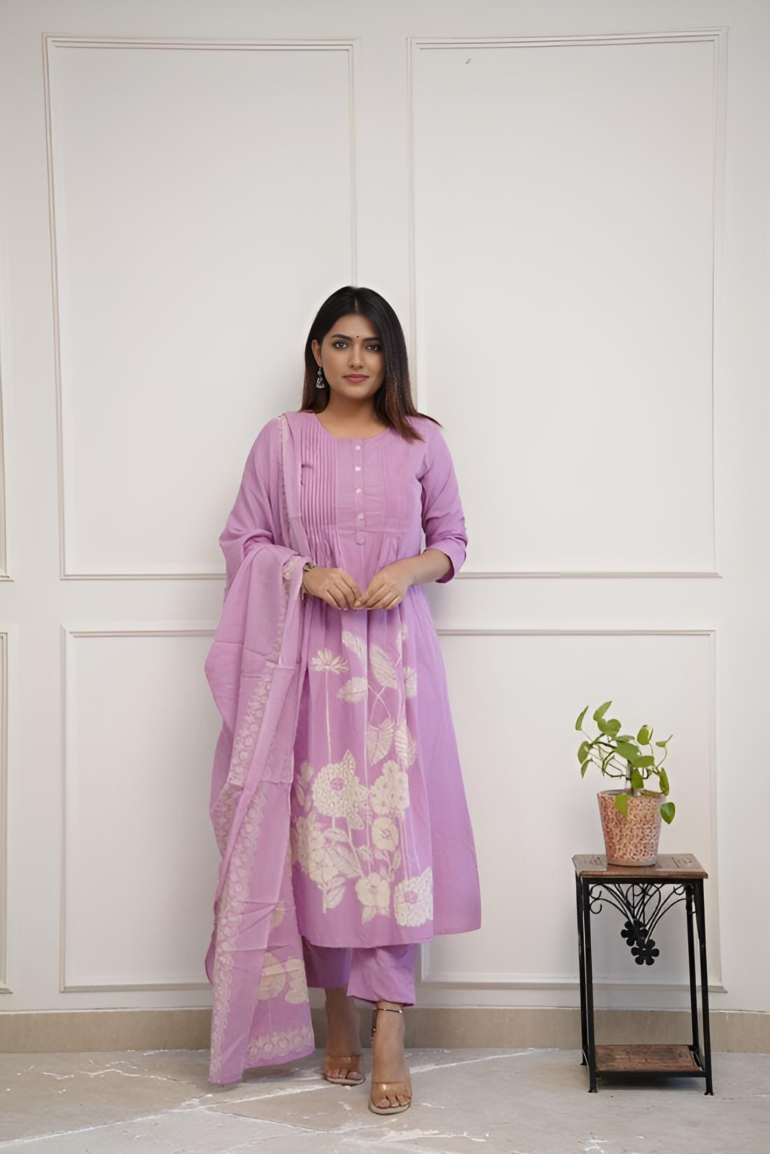 Purple Cotton Printex Weaving & Printed Kurta Pant With Dupatta