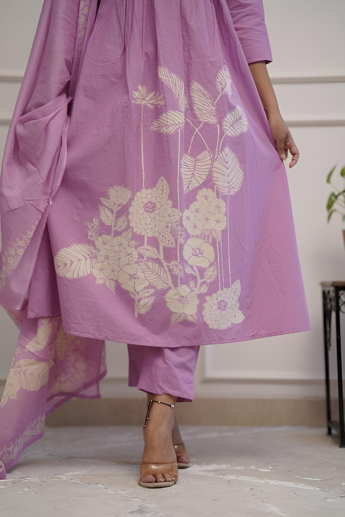 Purple Cotton Printex Weaving & Printed Kurta Pant With Dupatta