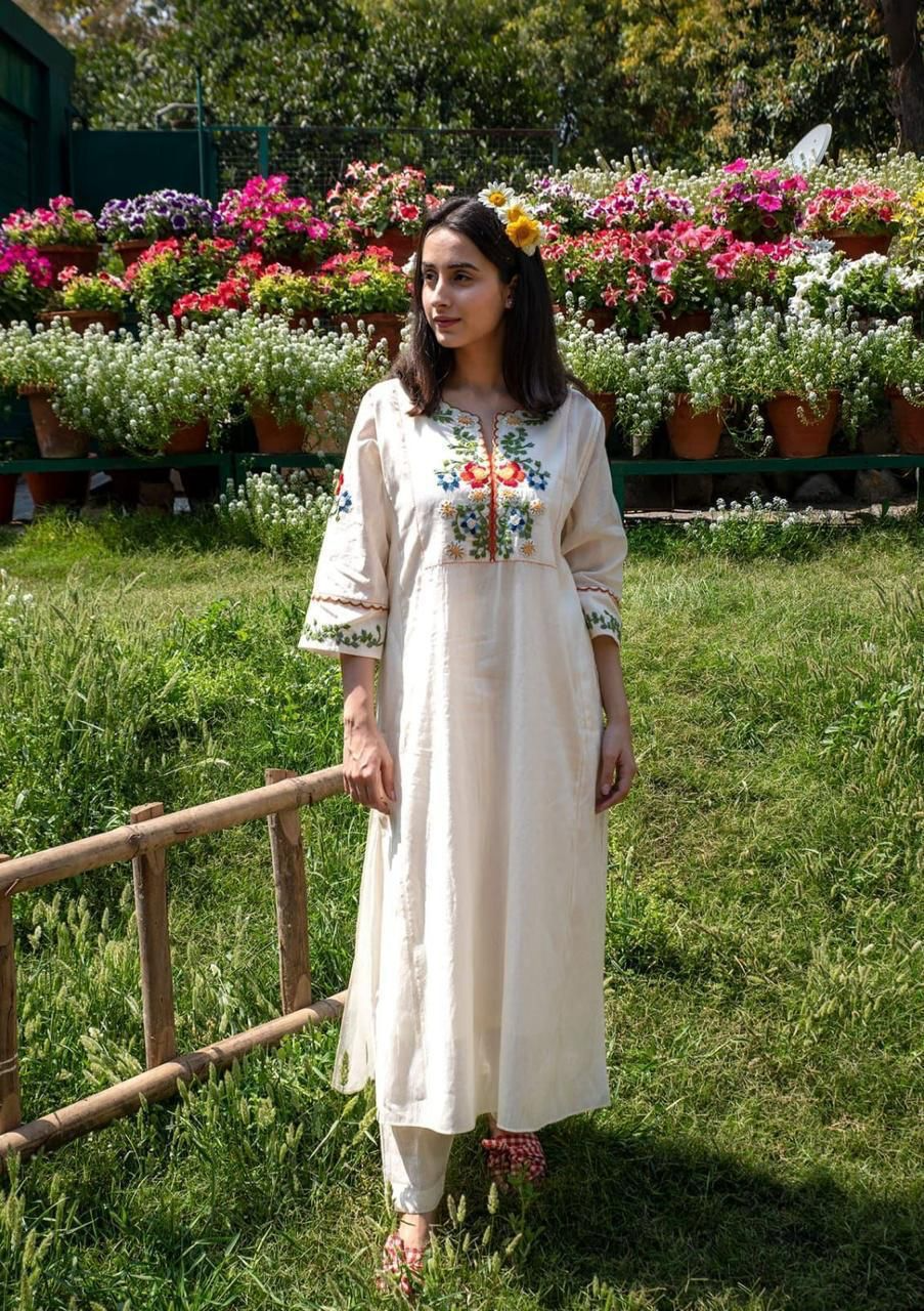 Colourful Threadwork Hand Embroidered Traditional Kalidar Style Kurta With Pant & Dupatta