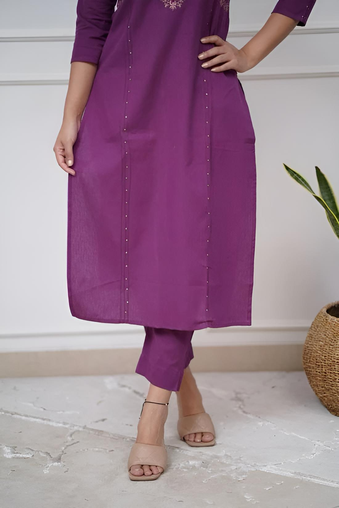 Cotton Pleated Pattern Embroidered Panels & Sequence Work Kurta & Pant Set