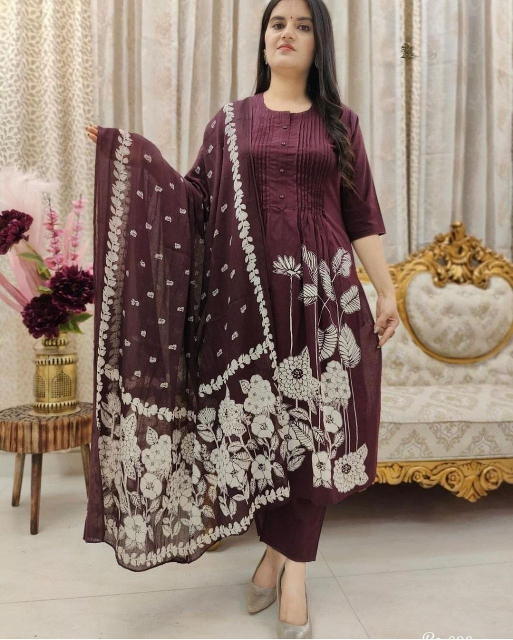 Beautiful Cotton Floral Printed Kurta Pant & Dupatta Set (2 Colors)