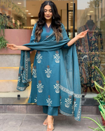 Cotton Block Printed  Embroidered  Kurta Pant With Dupatta (2 Colors)