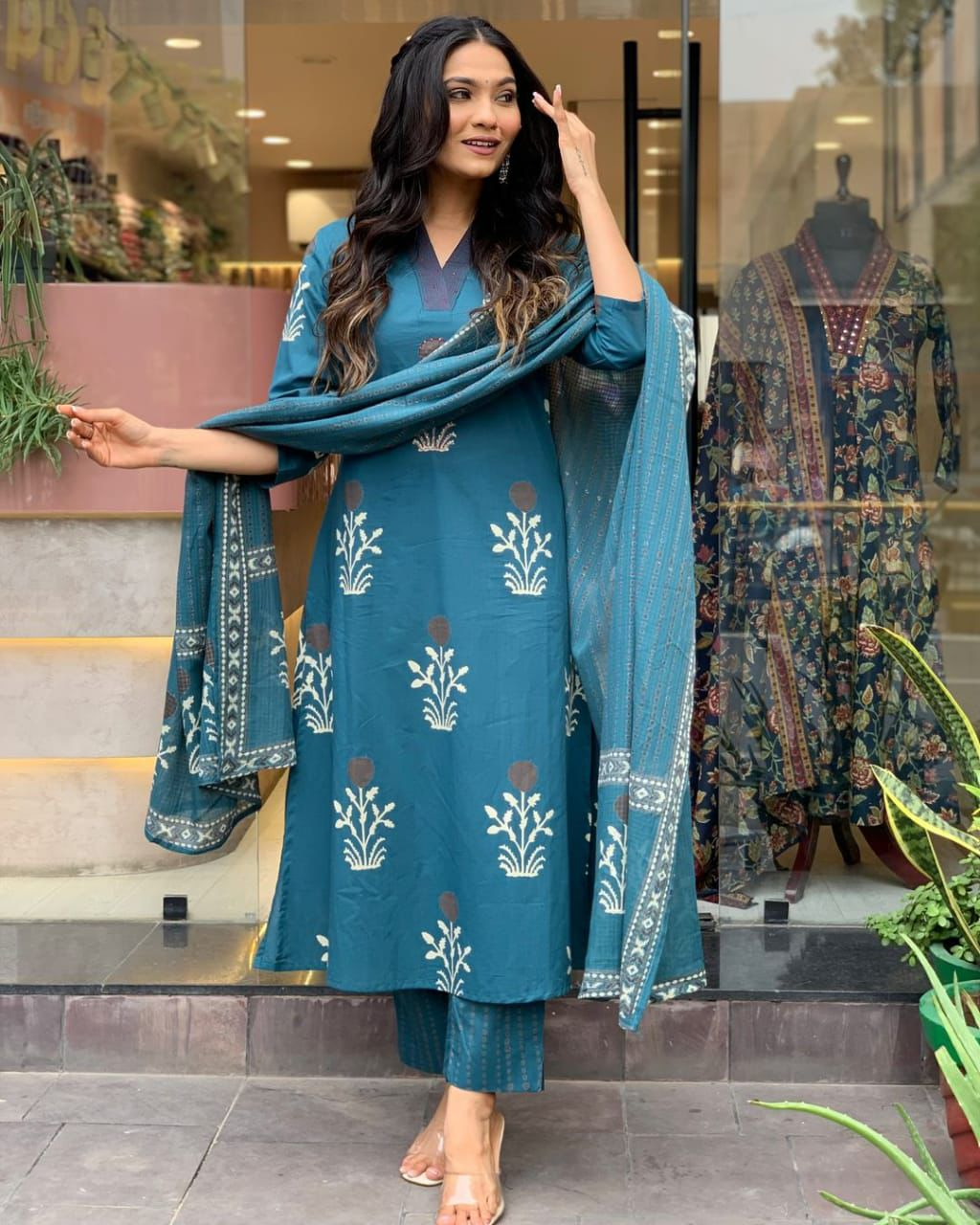 Cotton Block Printed  Embroidered  Kurta Pant With Dupatta (2 Colors)