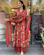 Cotton Floral Block Printed Kurta Palazzo & Dupatta (4 Colors)