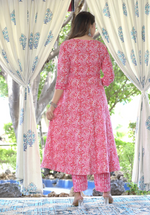 Pink Cotton Printed Angrakha Anarkali Kurta Pant & Dupatta