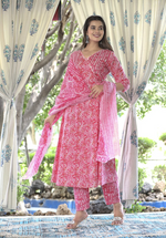 Pink Cotton Printed Angrakha Anarkali Kurta Pant & Dupatta