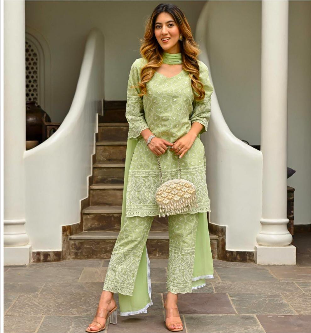 Pista Green Chikankari Embroidered  Kurta Pant & Dupatta