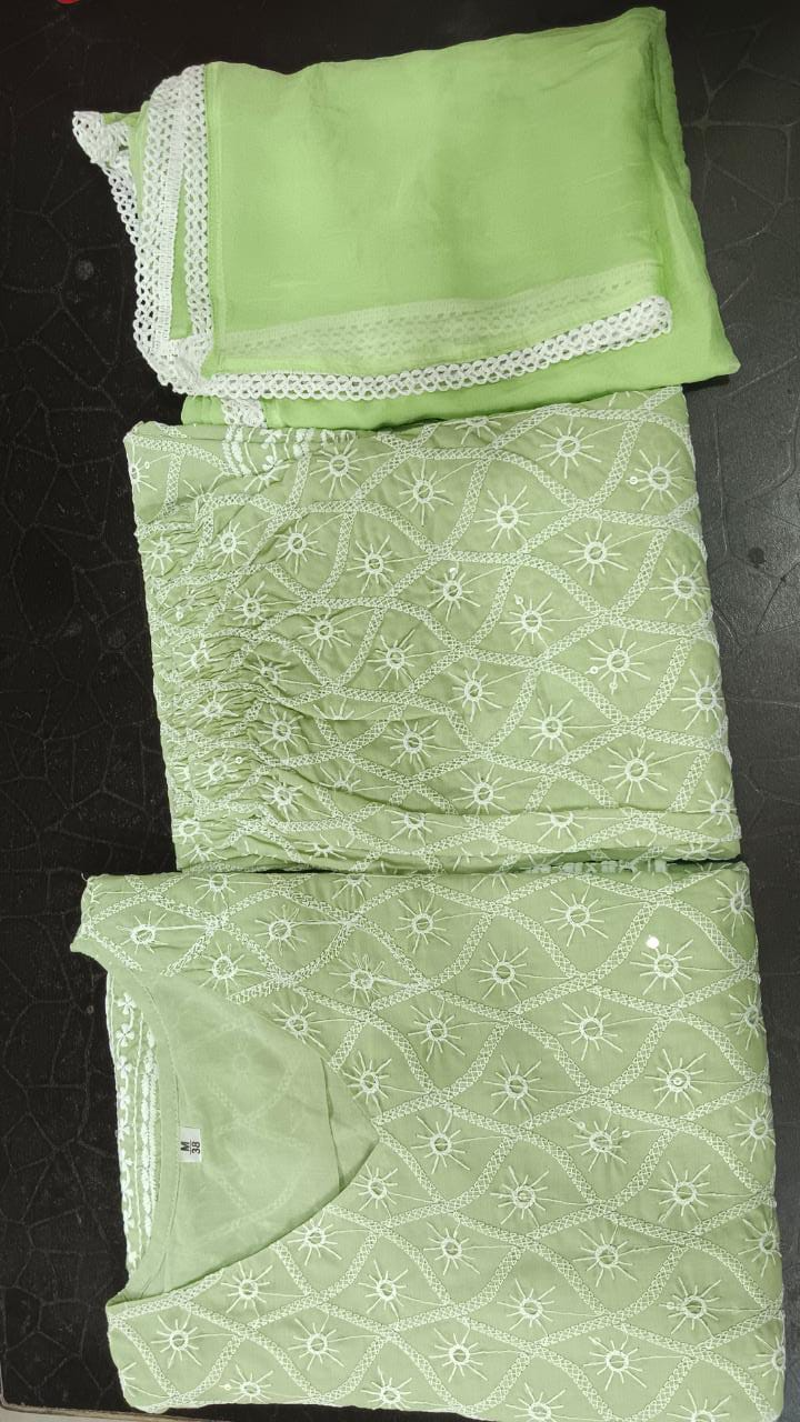 Pista Green Chikankari Embroidered  Kurta Pant & Dupatta