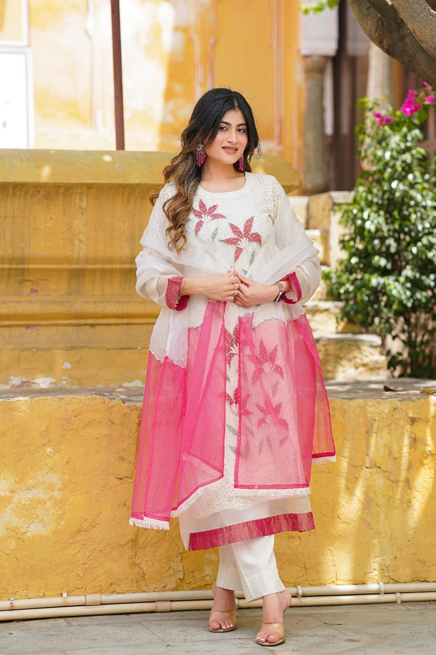 Cotton Schiffli A-line Kurta set with Lining with Pant & Organza Duppta