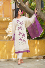 Cotton Schiffli A-line Kurta set with Lining with Pant & Organza Duppta