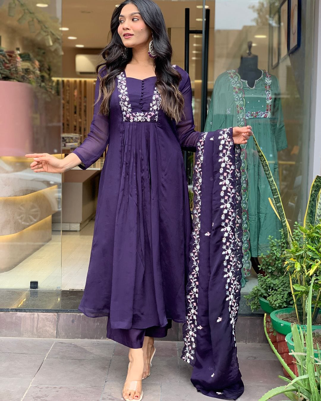 Matte Purple  Cotton Embroidered  Kurta Pant & Dupatta Set