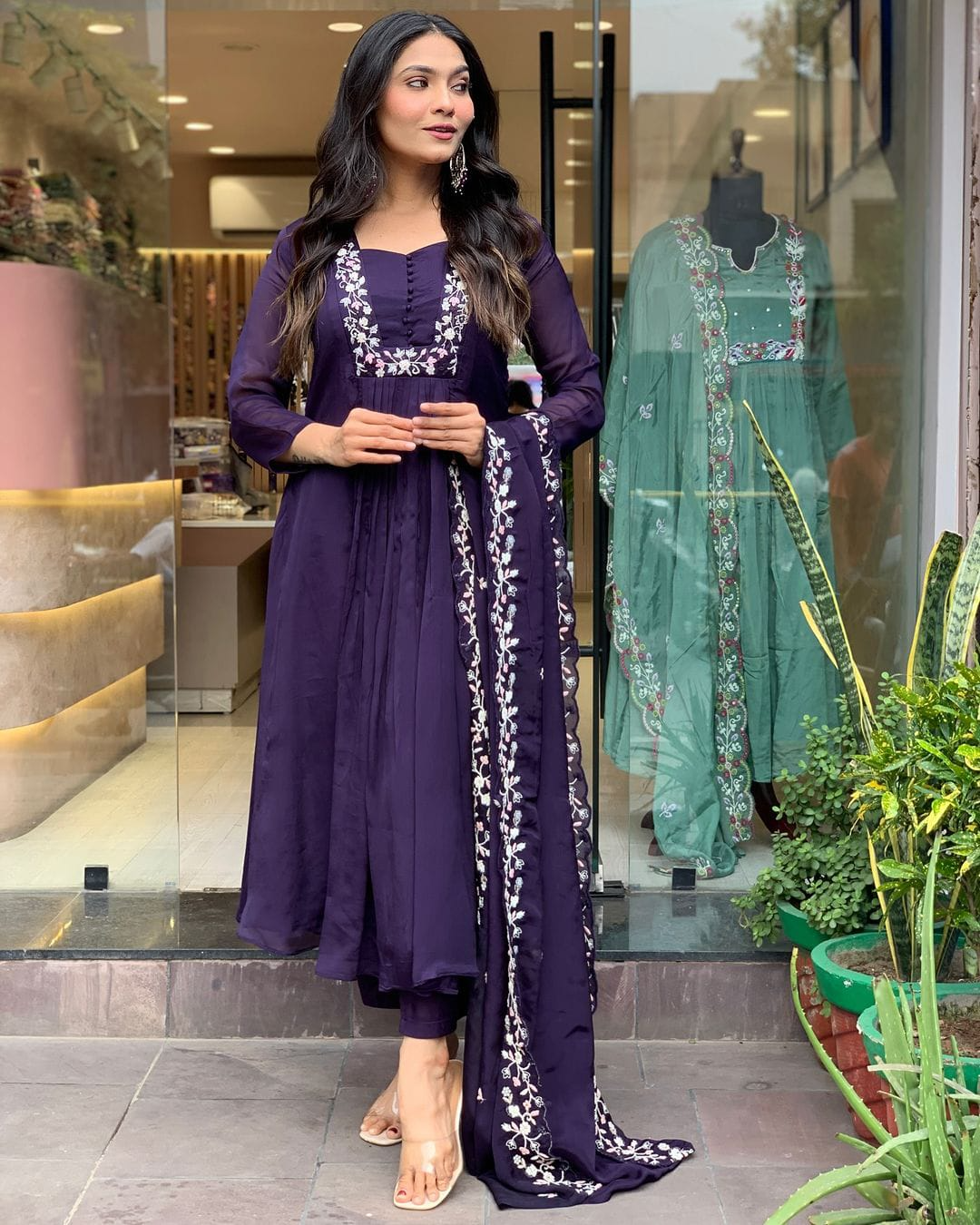 Matte Purple  Cotton Embroidered  Kurta Pant & Dupatta Set