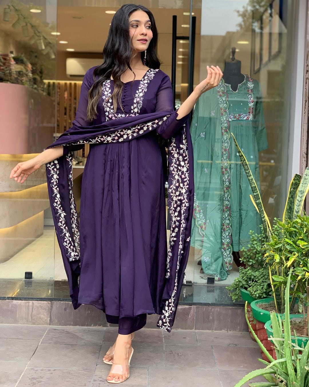 Matte Purple  Cotton Embroidered  Kurta Pant & Dupatta Set