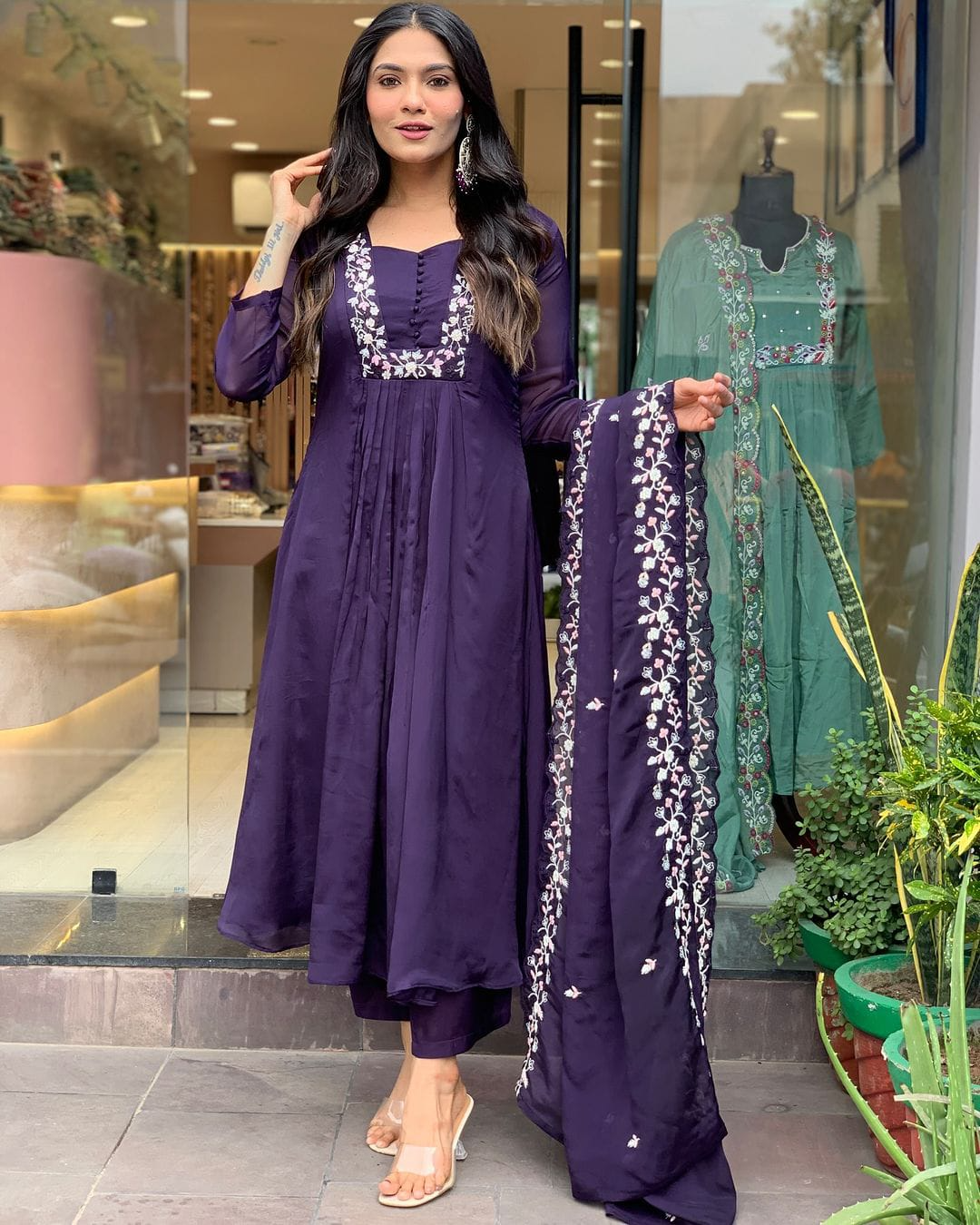 Matte Purple  Cotton Embroidered  Kurta Pant & Dupatta Set