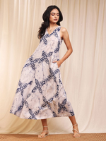 Taj Cotton Tie Dye Printed Midi Dress With Pockets