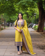 Kanchi Cotton Kurta Pant & Dupatta With Jacquard  Weaving