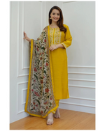 Rayon Mustard Adda Embroidered Kurta Pant With Mulmul Dupatta