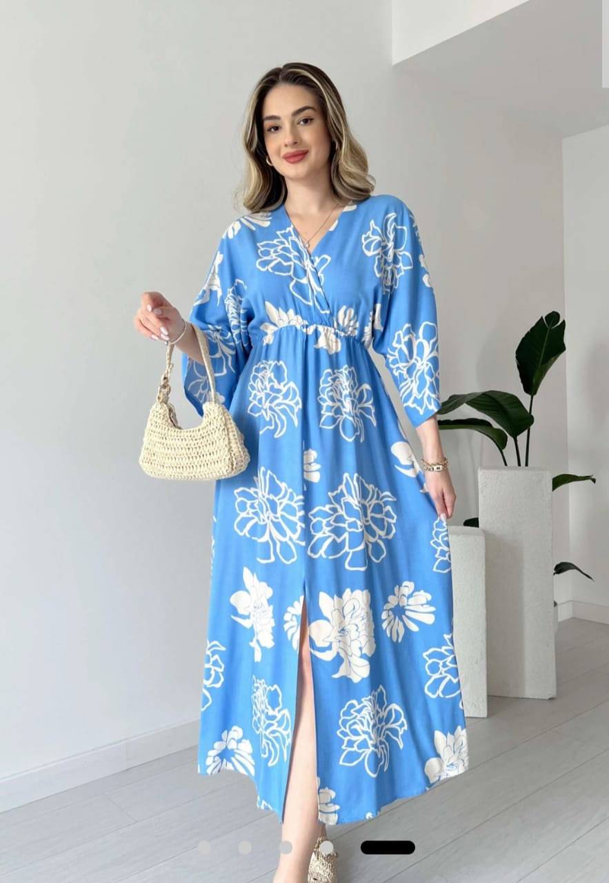 Cotton Printed Maxi Dress With Slit At Front