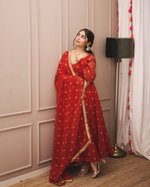 Tomato Red Faux Georgette Printed With Lace Border Anarkali Suit