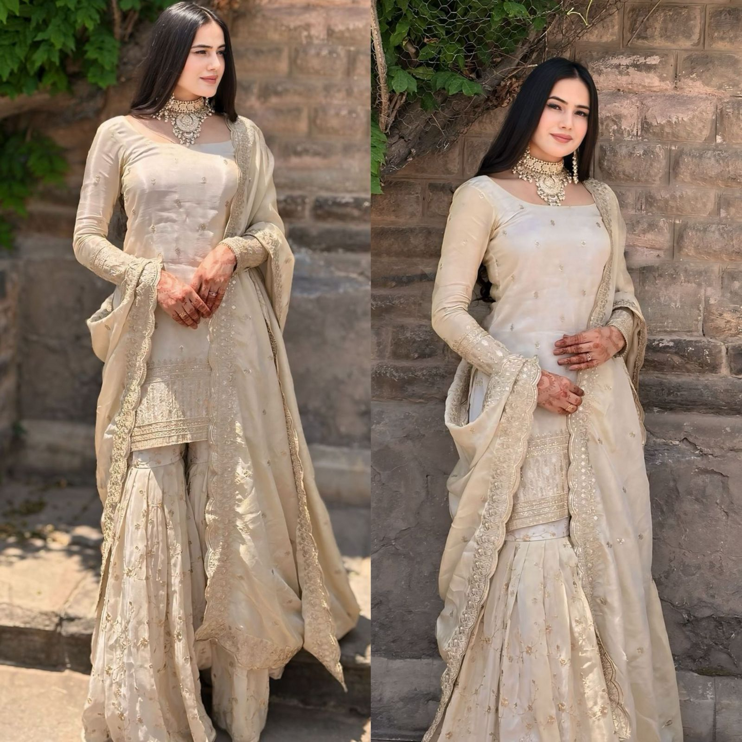 Chinon Silk  Embroidered 5mm Sequence Work Sharara Suit