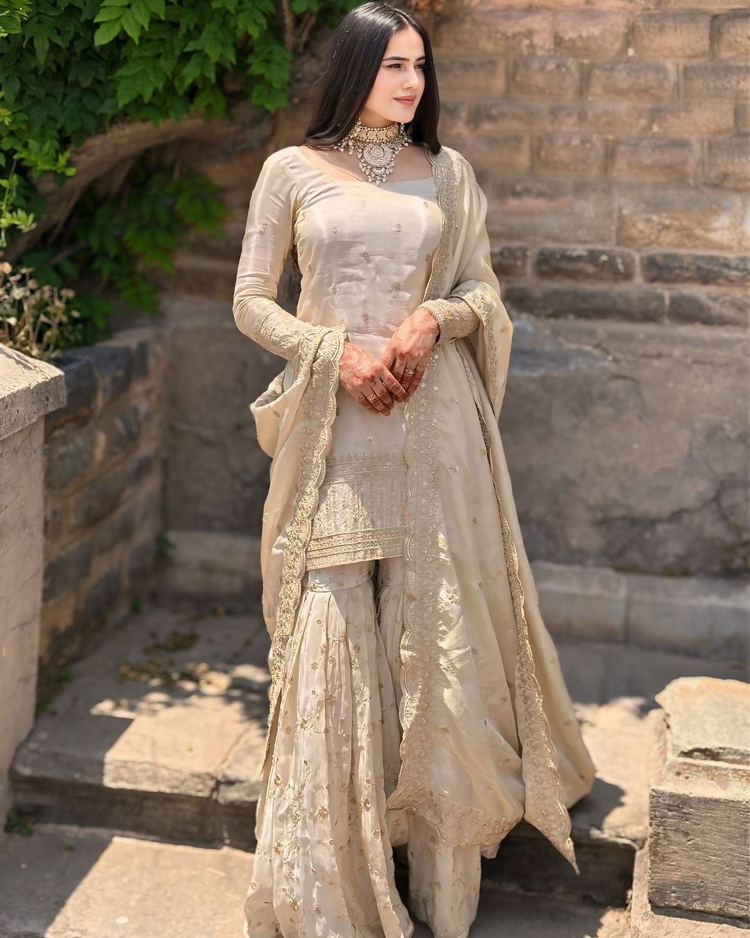 Chinon Silk  Embroidered 5mm Sequence Work Sharara Suit