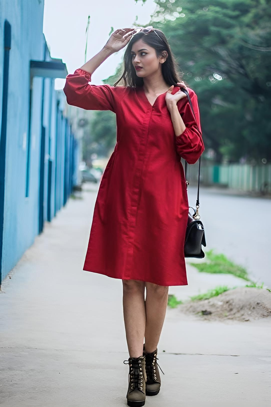 Hot Red Solid Cotton Mini Dress