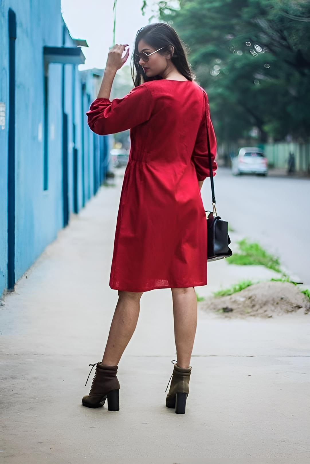 Hot Red Solid Cotton Mini Dress