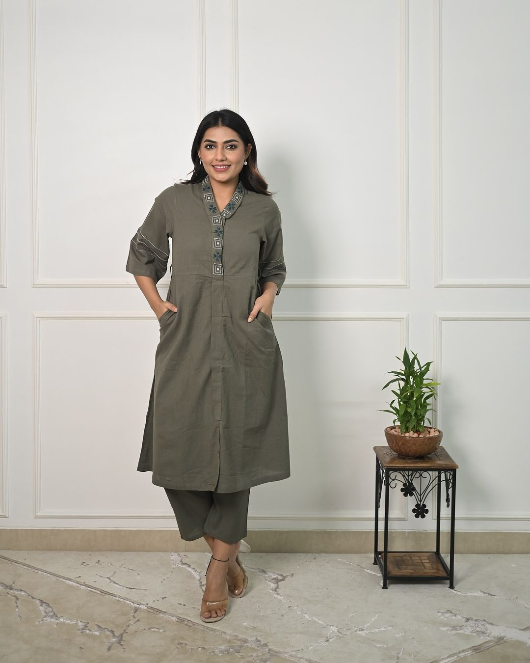 Cotton Slub Solid Embroidered Kurti & Pant