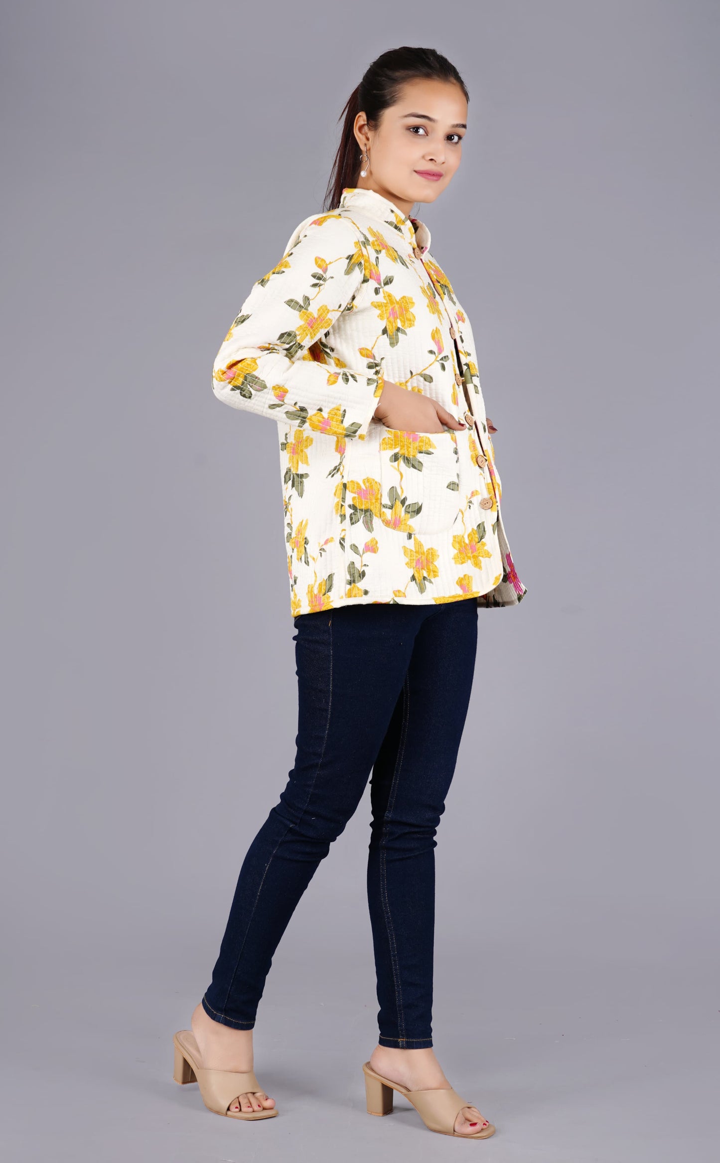 Beautiful Floral Printed Quilted Reversible Jacket