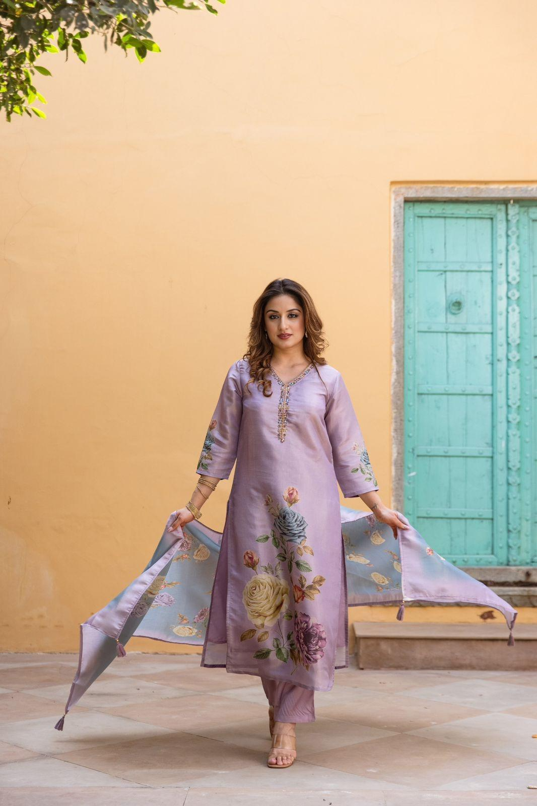 Tissue Embroidered  Kurti With Pant And Printed Dupatta