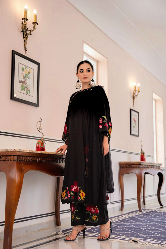 Black Cotton Slub Kurta Set With Floral Embroidery And Straight Pants