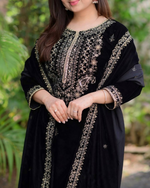 Viscose Velvet Embroidered Sequence Work Kurta Pant & Dupatta - Party Wear