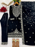 Viscose Velvet Embroidered Sequence Work Kurta Pant & Dupatta - Party Wear