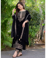 Viscose Velvet Embroidered Sequence Work Kurta Pant & Dupatta - Party Wear